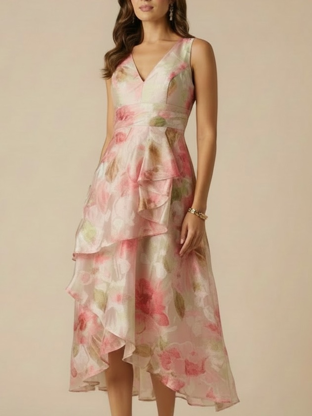 NWT ADRIANNA PAPELL Sleeveless Floral Cascading Organza Dress Gown Size 4